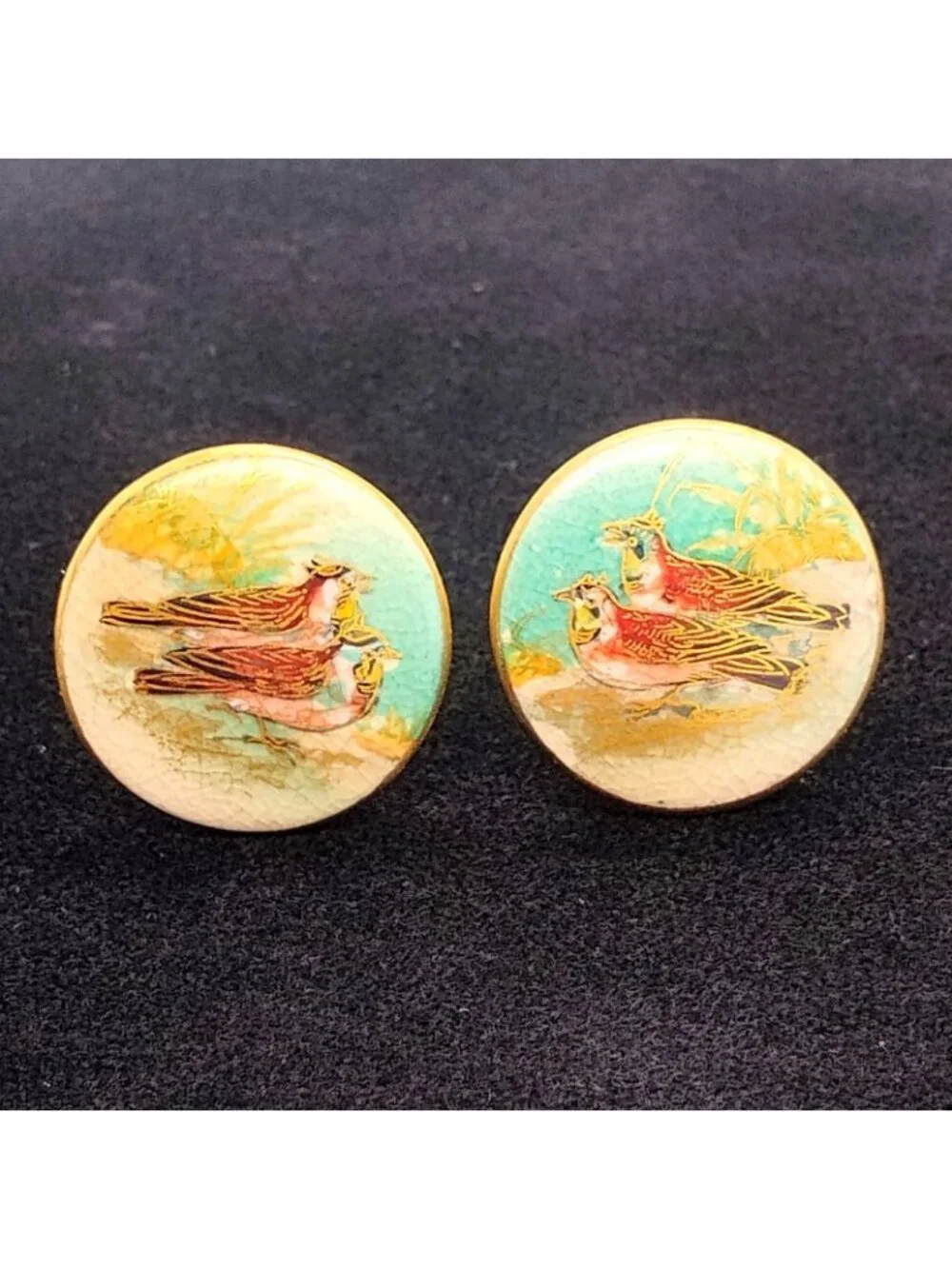 Vintage Satsuma Hand Painted Porcelain Quail Bird Button Cufflinks
